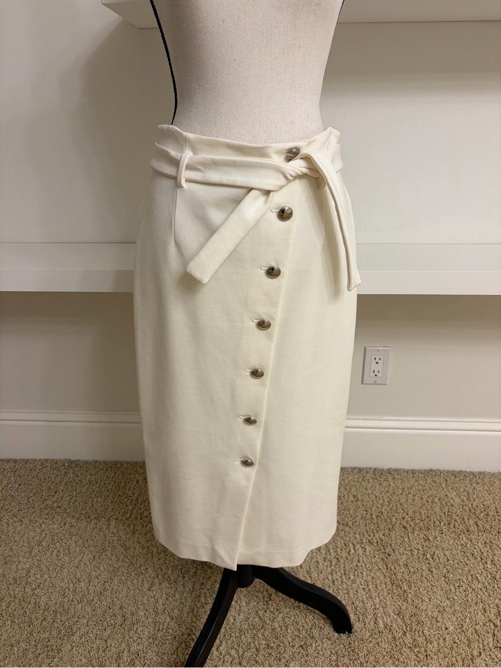 White House Black Market Cream Button-Front Wrap Midi Skirt with Waist Tie